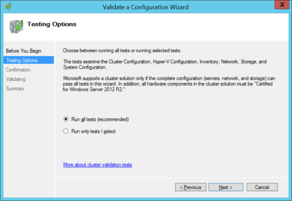 Cluster validation - selecting tests to run