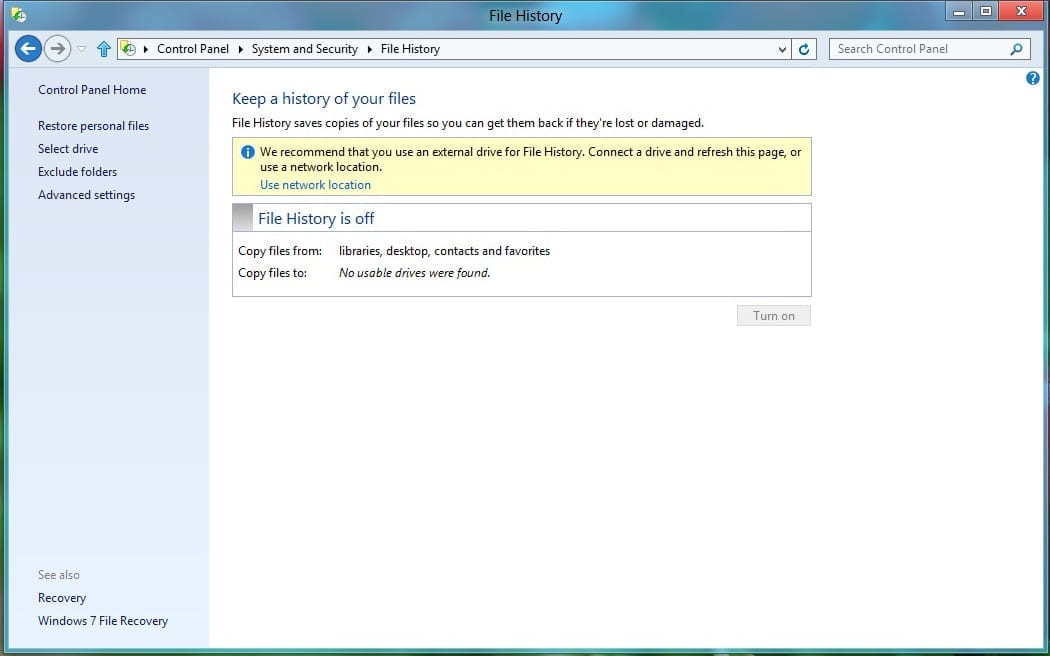 Win8 File History Control Panel App No External Drive