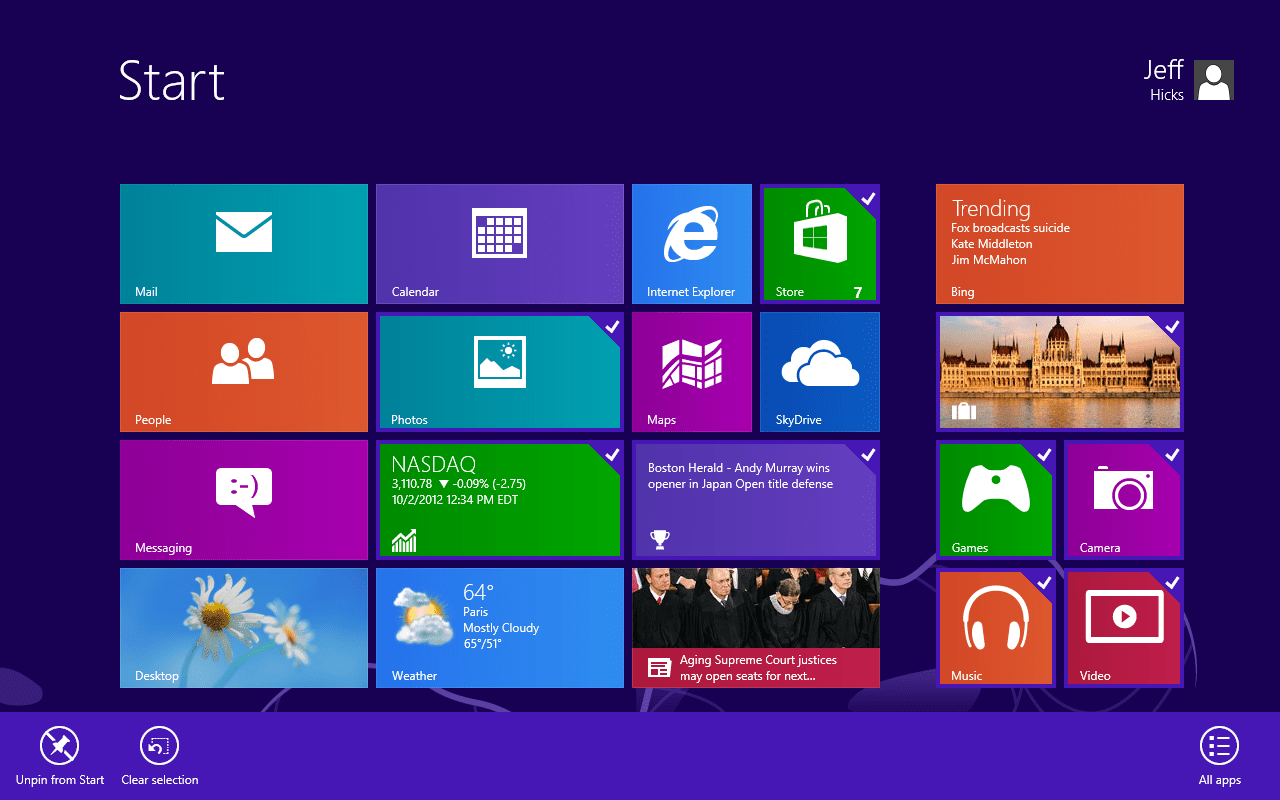 Selected Start Tiles in Windows 8