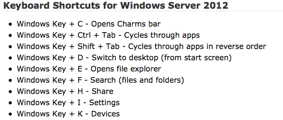 Windows Server 2012 keyboard shortcuts