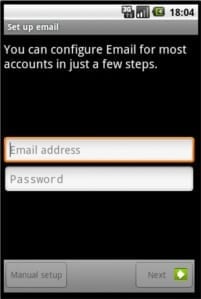 Android Email Setup Screen