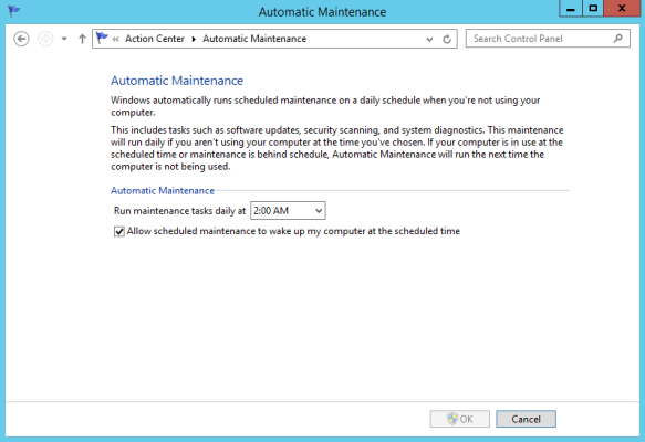 Automatic maintenance settings in the Windows Server 2012 R2 Action Center.
