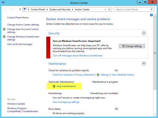 Selecting 'Stop Maintenance' in the Windows Server 2012 R2 Action Center