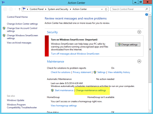 Selecting 'Change maintenance settings' in the Windows Server 2012 R2 Action Center.