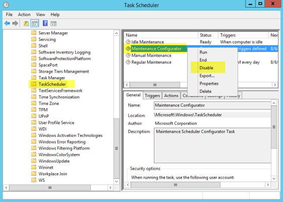 Attempting to disable the maintenance configurator in Windows Server 2012 R2. 