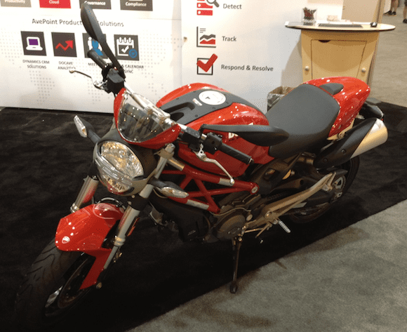 A Ducati Monster 696 motorcycle at the AvePoint TechEd booth