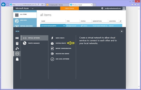 Creating a new virtual network in Microsoft Azure.