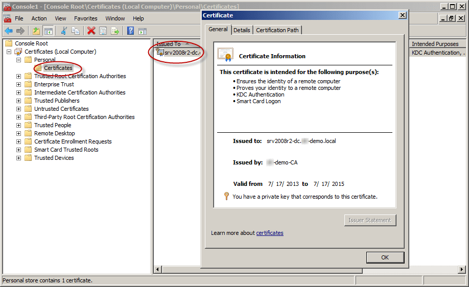 how to enable secure LDAP on Server 2008/2012 DCs: certificate information