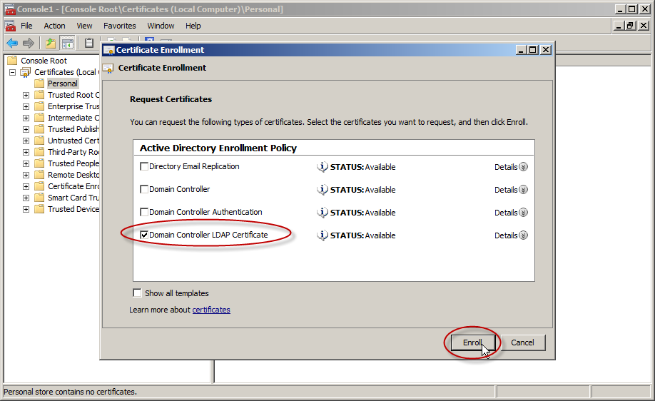 how to enable secure LDAP on Server 2008/2012 DCs: certificate enrollment