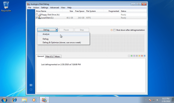 Defrag Windows 7 with Auslogic Disk Defrag