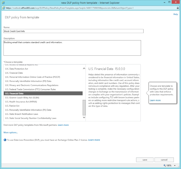 Creating a new Exchange Online DLP policy from a template. 