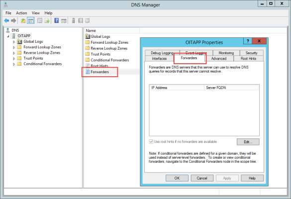 Editing DNS Forwarders in Windows Server 2012 R2