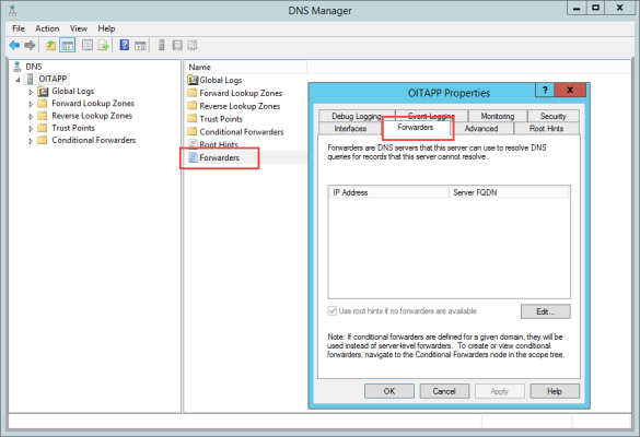 Configure DNS forwarders in Windows Server 2012 R2