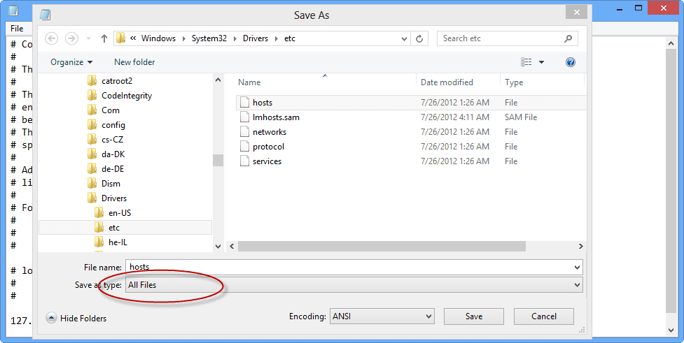 Edit HOSTS File in Windows 8: Notepad All Files