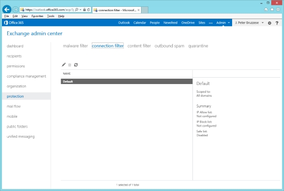 The Office 365 Exchange admin center settings dashboard