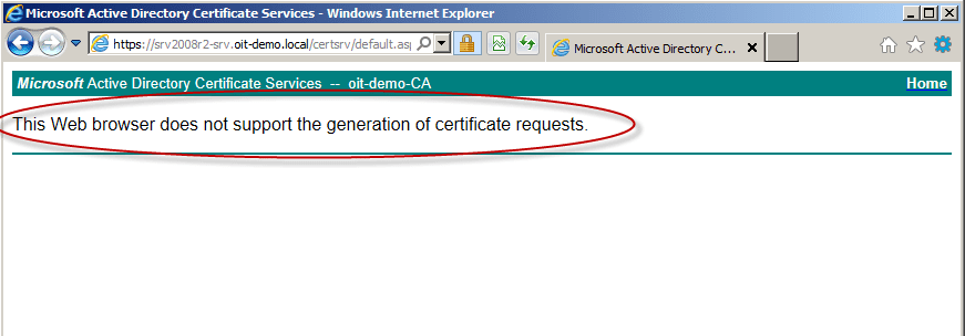 This Web browser does not support the generation of certificate requests error