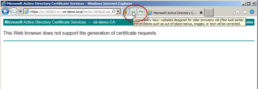 This Web Browser Does Not Support the Generation of Certificate Requests" Error broken page
