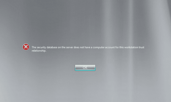 The security database on the server does not have a computer account for this workstation trust relationship
