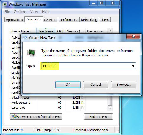 Restarting the Windows Explorer shell using the create new task dialog in Windows 7. (Image: Daniel Petri)