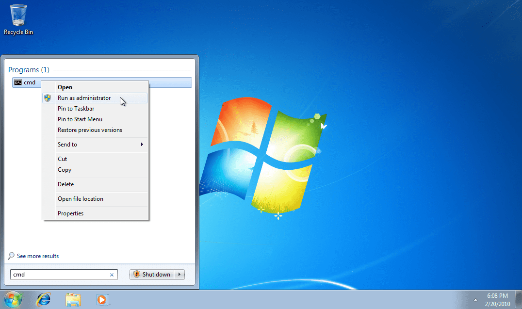 Start the Windows 7 cmd.exe in administrator mode?