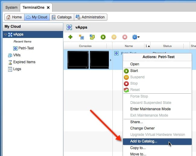 Create a Fenced vApp in vCloud Director: add to catalog