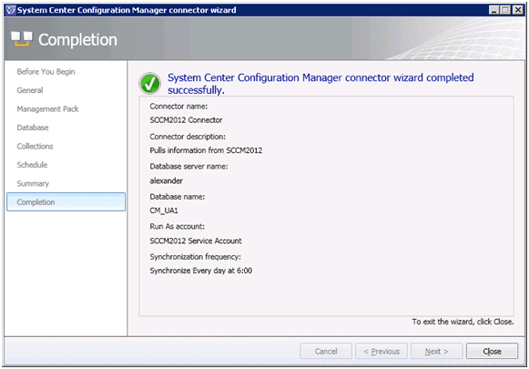 System Center Configuration Manager connector setup completed