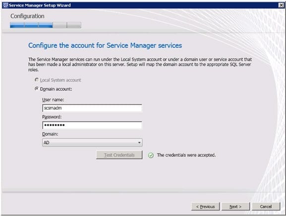 Configure the account for Service Manager services