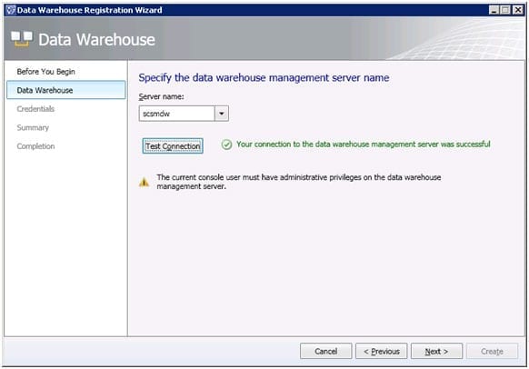  Specify the data warehouse management server name