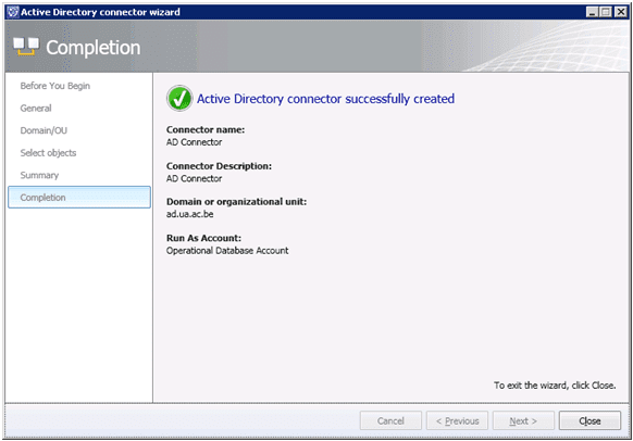 Active Directory connector successfully created