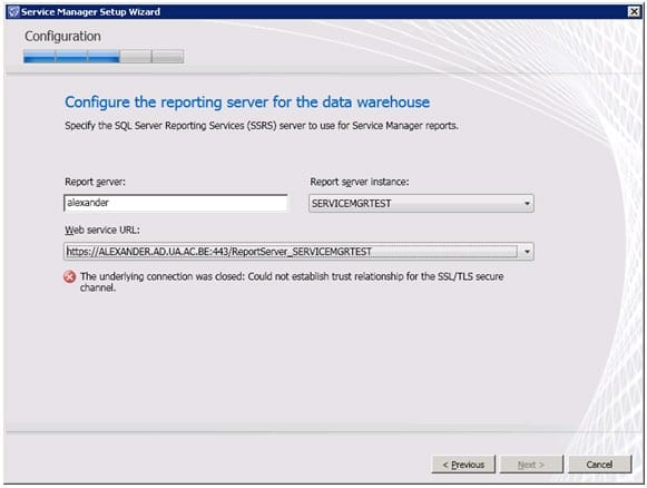Error configuring the reporting server for the Data Warehouse server