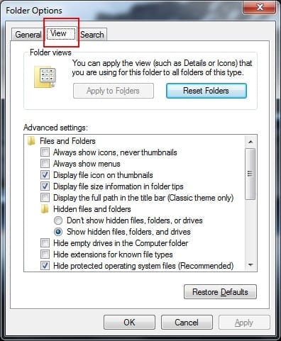 Windows 7 folder options view tab