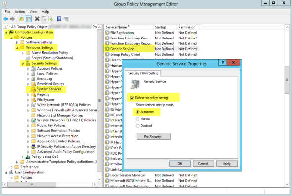 Defining the group policy security setting in Windows