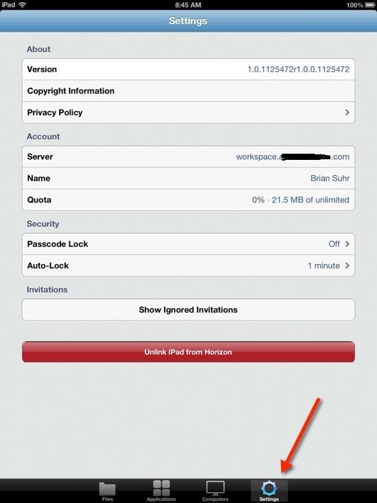 Using Horizon Data on an iPad: configure settings