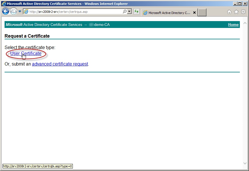 Certificate Authority for Web Enrollment user certificate
