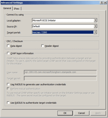 Microsoft iSCSI Initiator: connecting to an iSCSI target