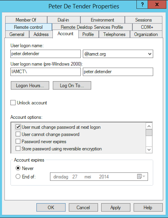 Example of settings - User must change password at next logon