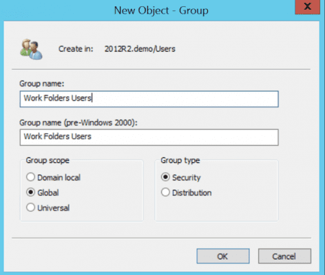 Configure work folders in Windows Server 2012 new object