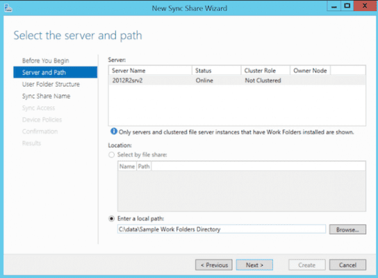 Configure work folders in Windows Server 2012 enter a local path