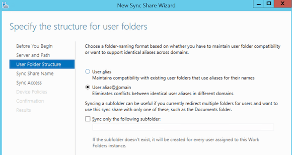 Configure work folders in Windows Server 2012 user folder structure