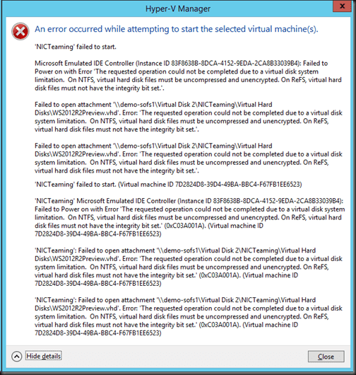 Disable the Integrity Bit of a Virtual Hard Disk: hyper-v error