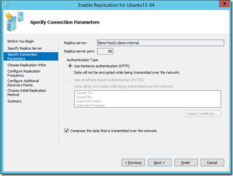 Hyper-V Replica Configuration: protocol and compression