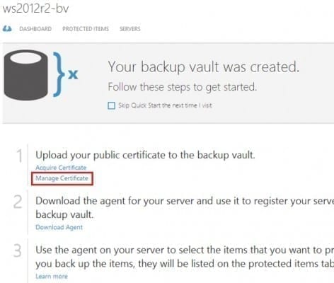 Configuring Windows Azure Online Backup create vault