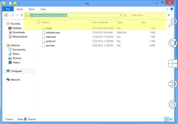 Locate Host File in Windows 8 RT