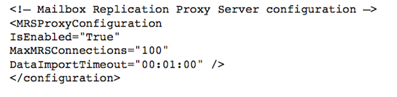 The mailbox replication proxy server configuration portion of the web.config file. 