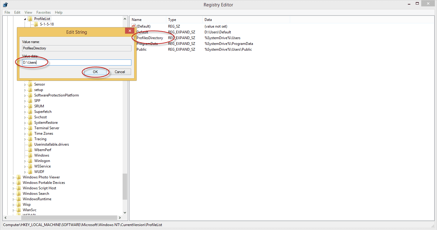 Configure the Default Location of a User Profile Windows 8.1: edit string
