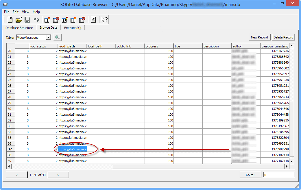 Save Skype Video Messages: SQLite Database browser vod path