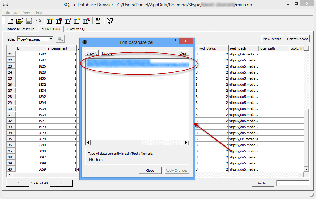 Save Skype Video Messages: SQLite Database browser URL text