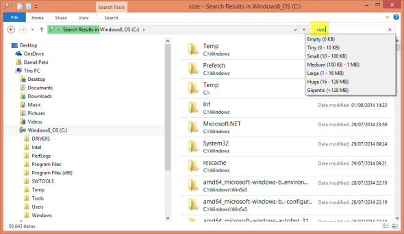 Pre-defined Windows 8 Windows Explorer file size search options