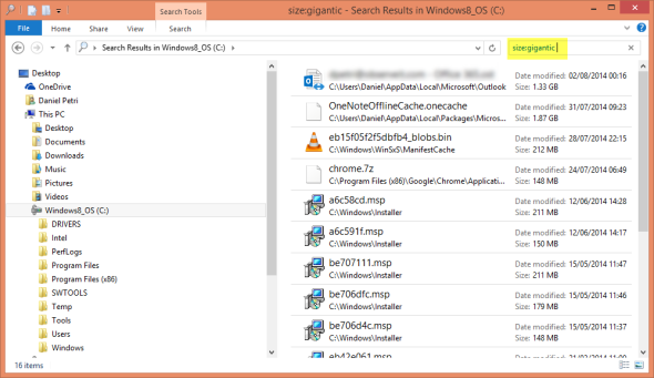 Searching for files larger than 128MB in Windows 8 Windows Explorer