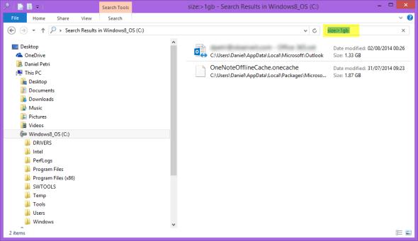 Manually entering search file size in Windows 8 Explorer